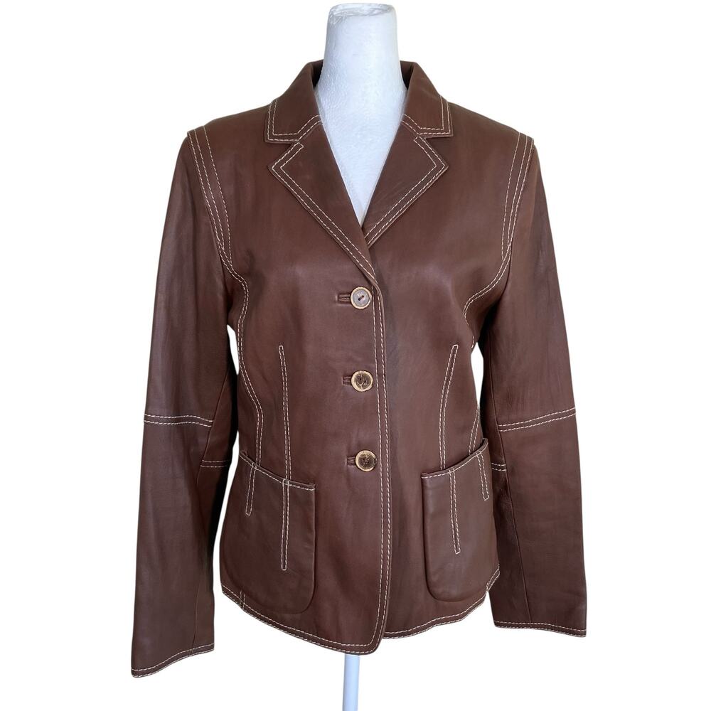 Cabi Vintage Y2K Chocolate Brown Leather Jacket Blazer Retro 70s Button-front - Picture 2 of 16